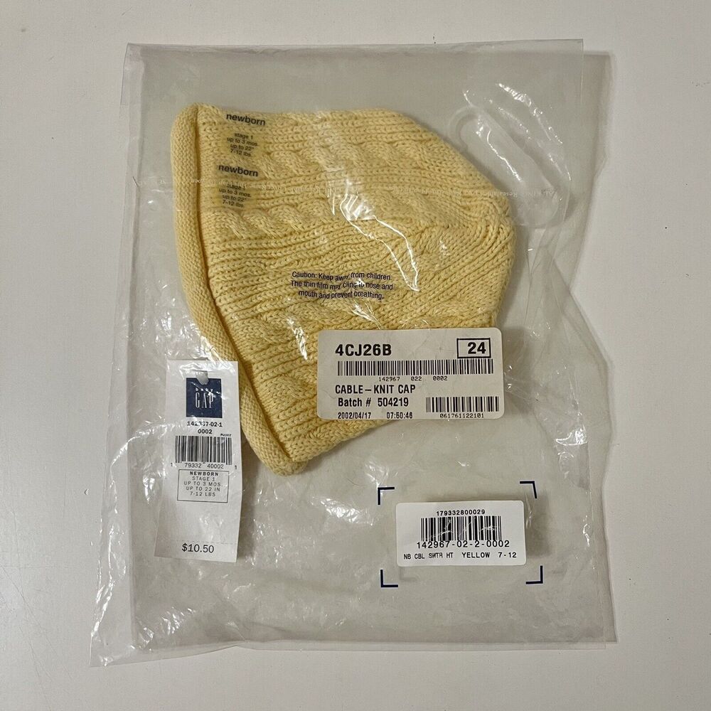 Vintage Baby Gap Yellow Cable Sweater Hat Newborn Stage 1 Up to 3 Months NWT